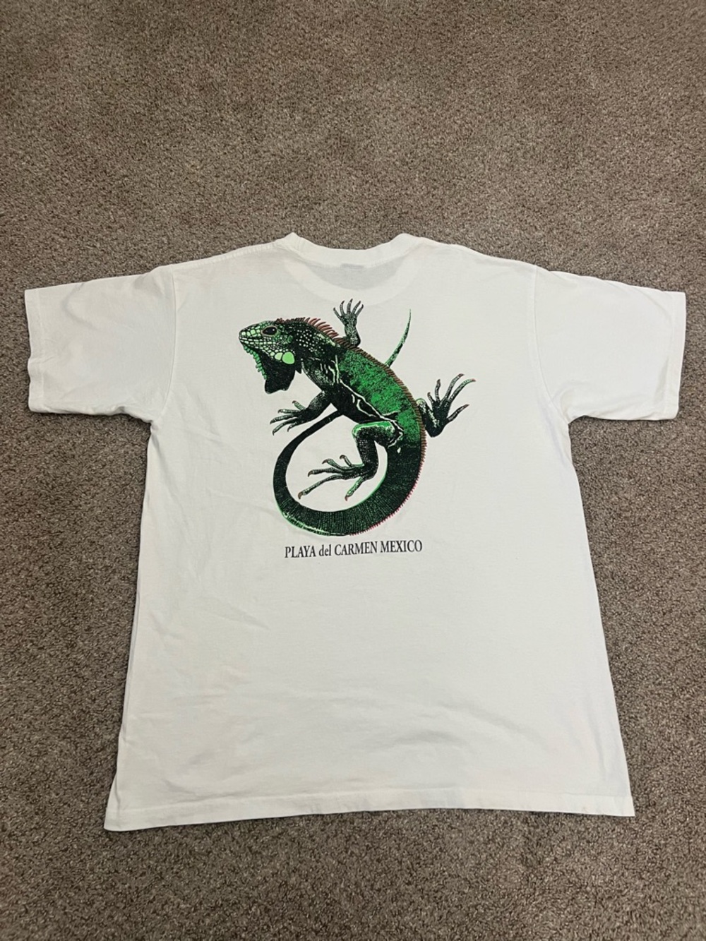 White Short-Sleeve Tee with Green Iguana Graphic - Playa del Carmen/A206